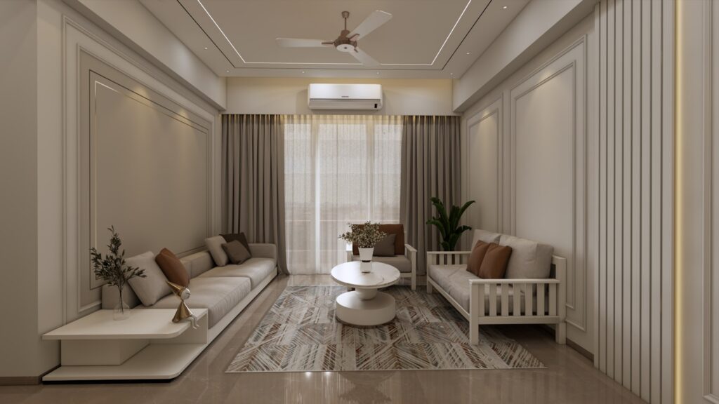 Modern living room with neutral colors and elegant design.