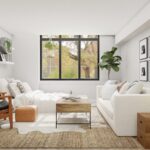 living room with white sofa and glass window