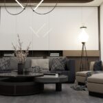 a living room filled with furniture and a chandelier