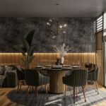 A living room with a couch a table and chairs