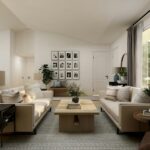 living room with white sofa set and green potted plant