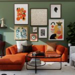 orange and black sofa with throw pillows